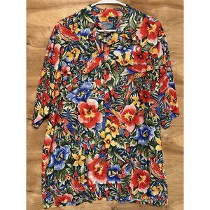 Joe Kealuhas Mens Hawaiian Shirt XL Floral Parrots Hibiscus Pocket Button